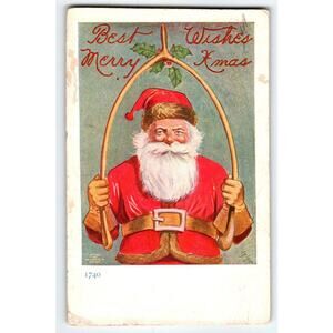 Santa Claus Christmas Postcard Giant Wishbone Ullman 1906 Antique Best Wishes